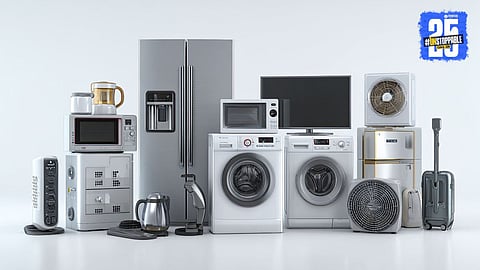 Refrigerator and smart TV displaying the new mandatory BEE 5-star energy efficiency label, highlighting stricter 2026 standards for reduced electricity consumption in Indian households.