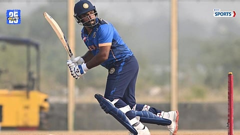 Sanju Samson celebrates his century for Kerala in Vijay Hazare Trophy