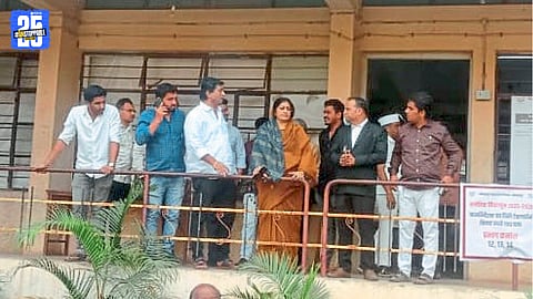 Mahagathbandhan leaders and candidates outside the election office during nomination withdrawal.
