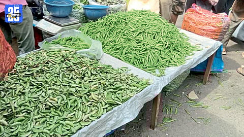 Fresh vegetables on display at Kolhapur weekly market as prices fluctuate ahead of Bhogi.