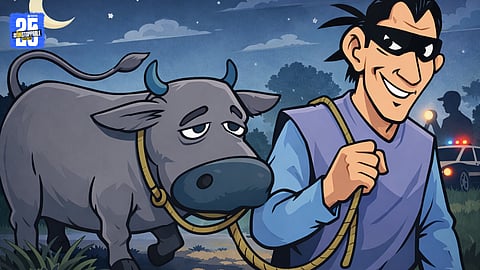 Farmers inspect an empty cattle shed after overnight livestock theft in Sangli’s border villages.