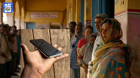 Voters argue with officials outside a polling booth over mobile phone restrictions in Kolhapur.