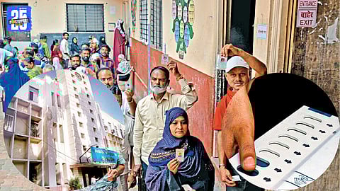 Party workers mobilise voters outside polling booths during Sangli municipal elections.