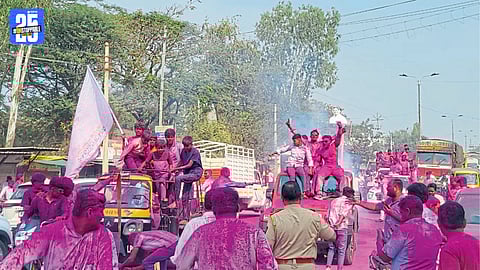 Congress workers celebrate the party’s big win in Kolhapur municipal elections.