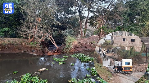 Water gushing from the breached Krishna canal near Govare village in Karad.