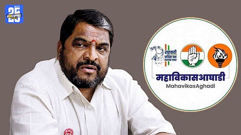 Raju Shetti addressing a press conference announcing Swabhimani Shetkari Sanghatana’s alliance with Maha Vikas Aghadi in Hatkanangale.