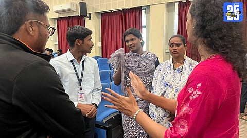 Transgender community members interacting with students and citizens during a sexual awareness program in Karad.