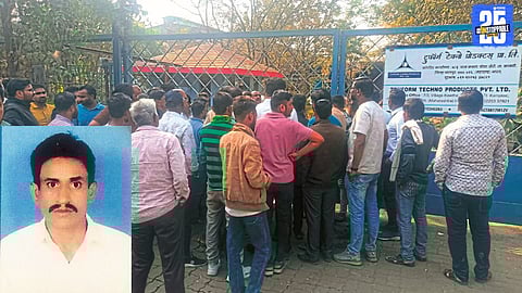 Protesters stage a sit-in with the body after a worker’s death in an iron plate accident in Kamthi taluka.