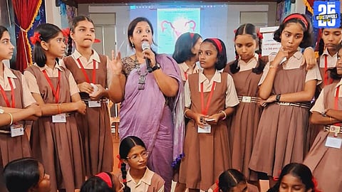 Students participating in the ‘Play Period’ activity to understand menstrual health through play in Ratnagiri schools.