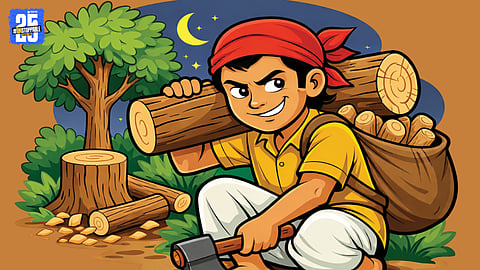 Stumps of sandalwood trees seen inside the secured forest department premises in Kupwad.