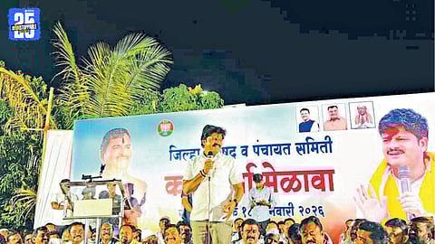 BJP MLA Gopichand Padalkar addressing party workers at a rally in Atpadi.
