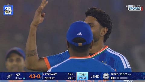 Harshit Rana celebrates after dismissing Devon Conway during the 2nd T20I against New Zealand