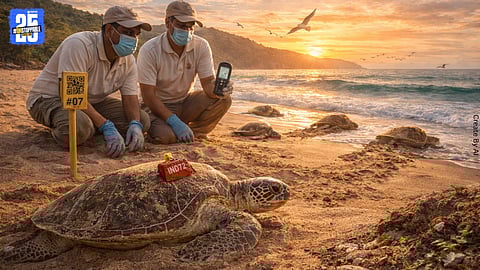 A flipper-tagged Olive Ridley turtle nesting on Guhagar beach.