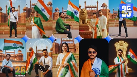 AI-generated portrait proudly holding the Indian tricolor flag under open sky, created using Gemini AI prompts for Republic Day 2026 celebrations – perfect for WhatsApp status and Instagram posts