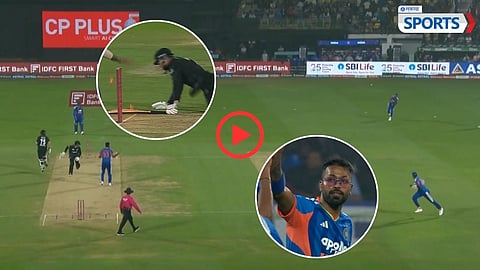 Hardik Pandya Direct throw to Run Out Mitchell Santner