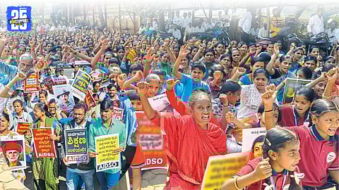 Students and activists protesting against government school merger under the KPS Magnet scheme