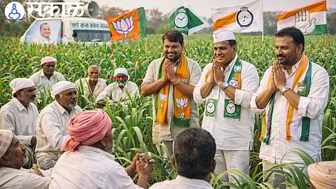 Candidates interacting with farmers in fields during election campaigning in Palus taluka.