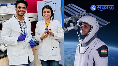 IISc researchers, including astronaut Shubhanshu Shukla (left) and lead author Swati Dubey (right), examine bacteria-based space bricks in the lab using Bengaluru soil isolate and Martian soil simulant for future Mars habitats (Credit: Aloke Lab, IISc).