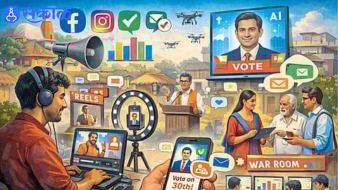 Political campaign teams using mobile phones and digital tools in rural areas.