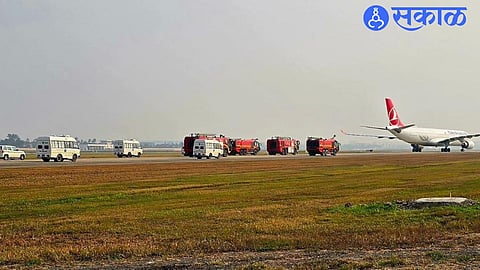 Turkish Airlines aircraft seen at Kolkata airport after making an emergency landing due to an engine fire during its Kathmandu–Istanbul journey.