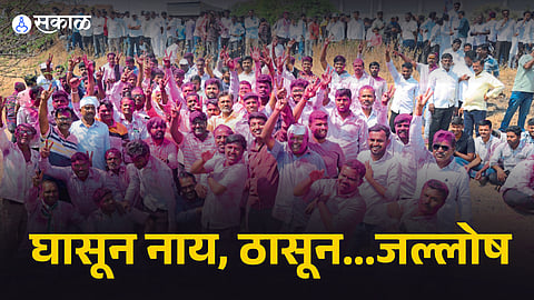 Supporters celebrate Sangli district election victories with gulal and firecrackers.