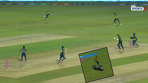 Pathum Nissanka flies to his left to complete a sensational catch