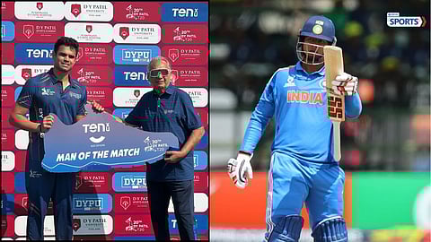 Vaibhav Suryavanshi and Arjun Tendulkar celebrate after their match-winning fifties