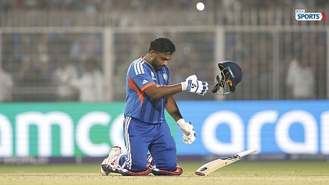 Sanju Samson celebrates in his trademark style at Eden Gardens during a crucial innings.