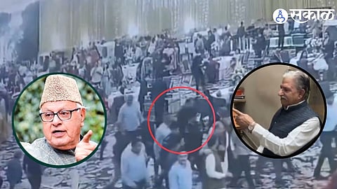 Security personnel and guests overpower the accused after an attempted shooting targeting Farooq Abdullah at a wedding function in Jammu’s Royal Park Resort.