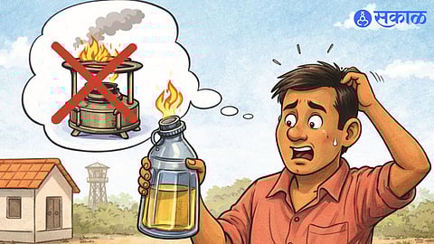 Kerosene containers at ration shops as citizens struggle due to lack of stoves despite resumed supply.