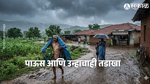 Dark clouds and lightning over Maharashtra districts indicating thunderstorm activity, while rising temperatures highlight contrasting weather conditions across the state.