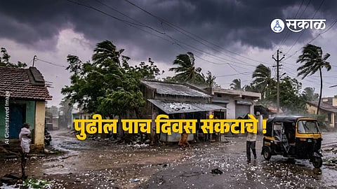 Dark storm clouds over Maharashtra with lightning, heavy rain, and hailstorms affecting crops and rural areas.