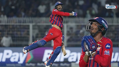 Mukul Choudhary celebrates after pulling off an unbelievable win for LSG against KKR.