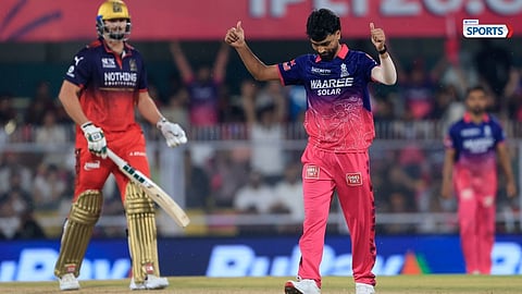 Brijesh Sharma celebrates after picking crucial wickets as RCB crumble in RR vs RCB clash.