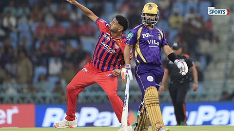 Mohsin Khan celebrates after picking up five wickets against KKR in IPL 2026.