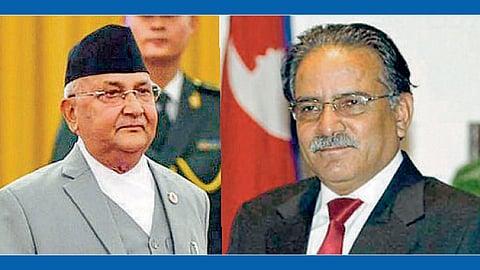 नेपाळचे पंतप्रधान ओली आणि कम्युनिस्ट नेते पुष्पकमल दहल प्रचंड.