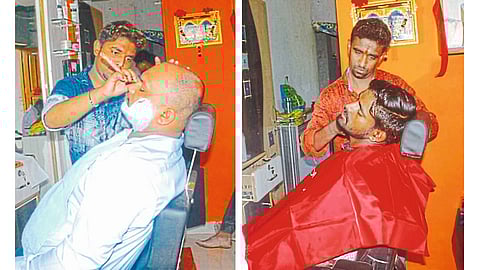 हेरले (जि. कोल्हापूर) - केशकर्तनाच्या कामात मग्न असलेले मूकबधिर वृषभ व सौरभ बंधू.