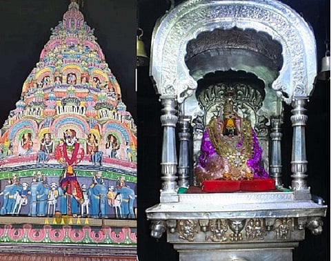 तुळजापूर : तुळजाभवानी मंदिरावर बुधवारी उभारलेली गुढी. (दुसऱ्या छायाचित्रात) तुळजाभवानी मातेची सालंकृत मूर्ती. 
