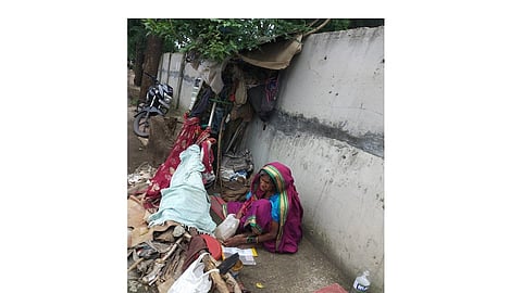 Homeless old lady made her house in tree fence during lockdown