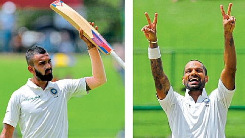 पल्लीकल - के. एल. राहुल अर्धशतकानंतर अभिवादन करताना. तर दुसऱ्या छायाचित्रात श्रीलंकेविरुद्ध तिसऱ्या कसोटी क्रिकेट सामन्यात शतकानंतर ड्रेसिंग रुममधील सहकाऱ्यांना खास शैलीत अभिवादन करताना भारताचा फलंदाज शिखर धवन.