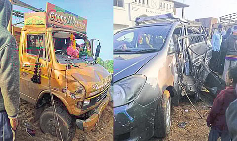 तुमसर : कारला धडक देत रस्त्यालगत उभ्या लोकांना चिरडणारे मालवाहू वाहन. 