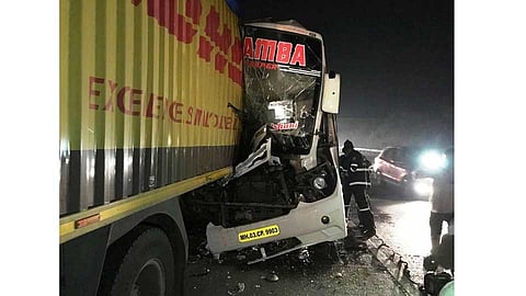 One injured and Driver Died in Bus Container accident on Pune Mumbai Expressway  