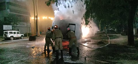 ambulance set fire ambulance outside the belgum district hospital after an infected patient died during treatment Corona ward