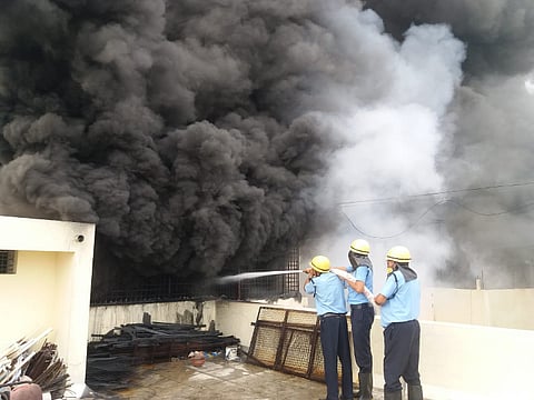 A huge fire in a chemical, paint, plastic warehouse
