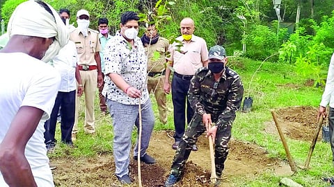 गोंदिया : वृक्षारोपण करताना आमदार अग्रवाल व वनअधिकारी, कर्मचारी.