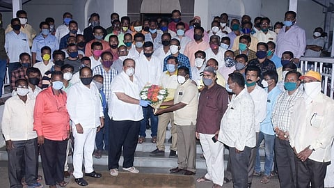 On behalf of Kolhapur Municipal Corporation Employees Union Rural Development Minister Hasan Mushrif was felicitated