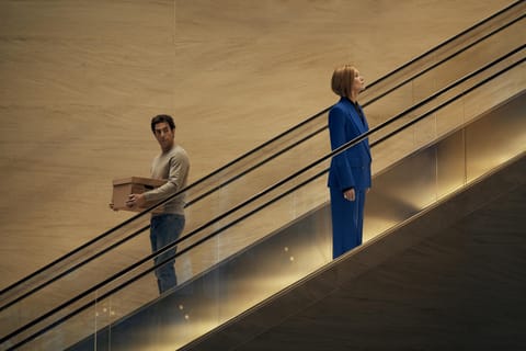 A still from Ladies First starring Sasha Baron Cohen and Rosemund Pike 