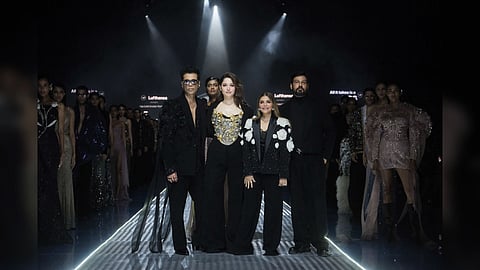 Falguni and Shane with showstoppers Karan Johar and Tamannaah Bhatia at Lakme Fashion Week 2025