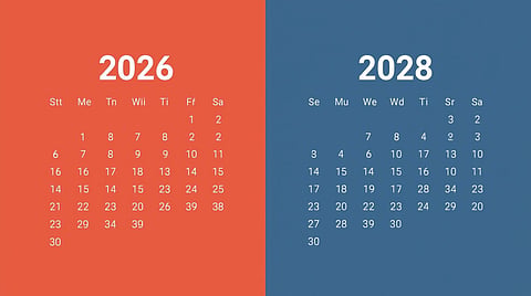 create an image of a calendar that shows previour yer dates from 2026 and current year dates from 2028