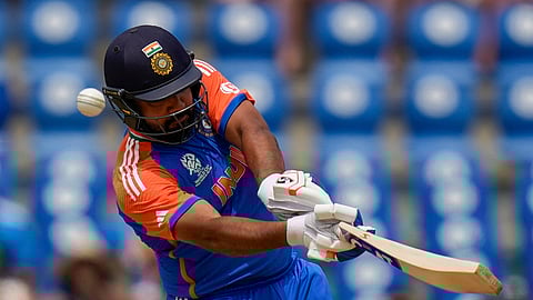 India's captain Rohit Sharma hits for six runs against Australia during an ICC Men's T20 World Cup cricket 